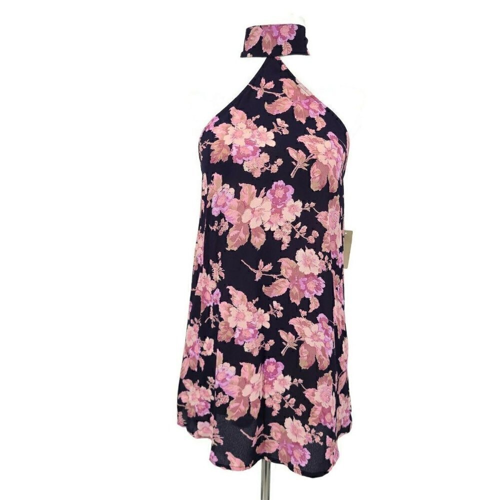 New Flynn Skye Mini Halter Dress Womens M Pink Black Blossom Tunic Top Choker
